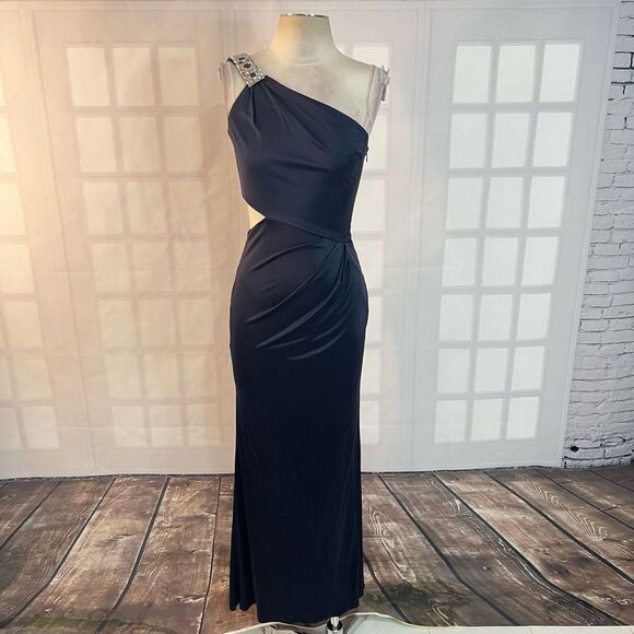 Kurt Thomas liquid blue stretch satin embellished one shoulder cutout gown - Picture 1 of 11